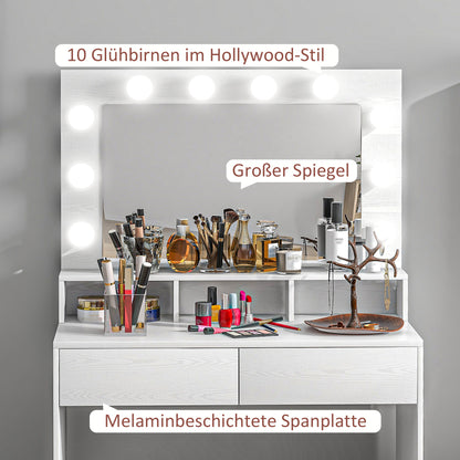 HOMCOM Frisiertisch mit beleuchtetem Spiegel, Schubladen, 3 Lichtoptionen, 10 Glühbirnen, moderner Schminktisch in Weiß