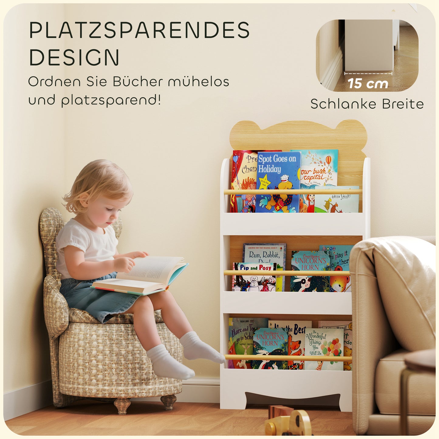 AIYAPLAY Bücherregal für Kinder Kinderregal mit 3 Ablagen Aufbewahrungsregal aus Holz 55x15x110cm Weiß