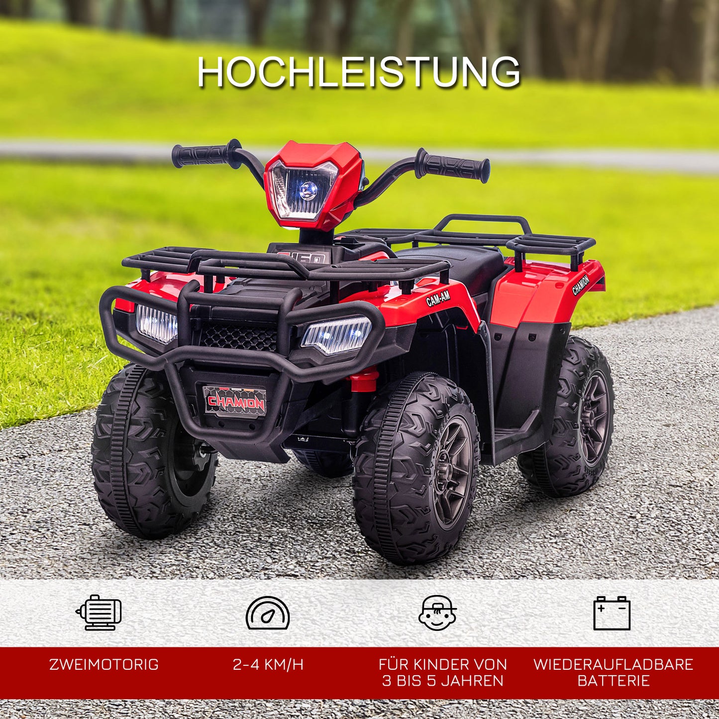 HOMCOM Kinder-Elektroquad, max. 4 km/h, ab 3 Jahren, LED-Scheinwerfer, Musikanschluss, schwarz+rot 88 x 45 x 50 cm