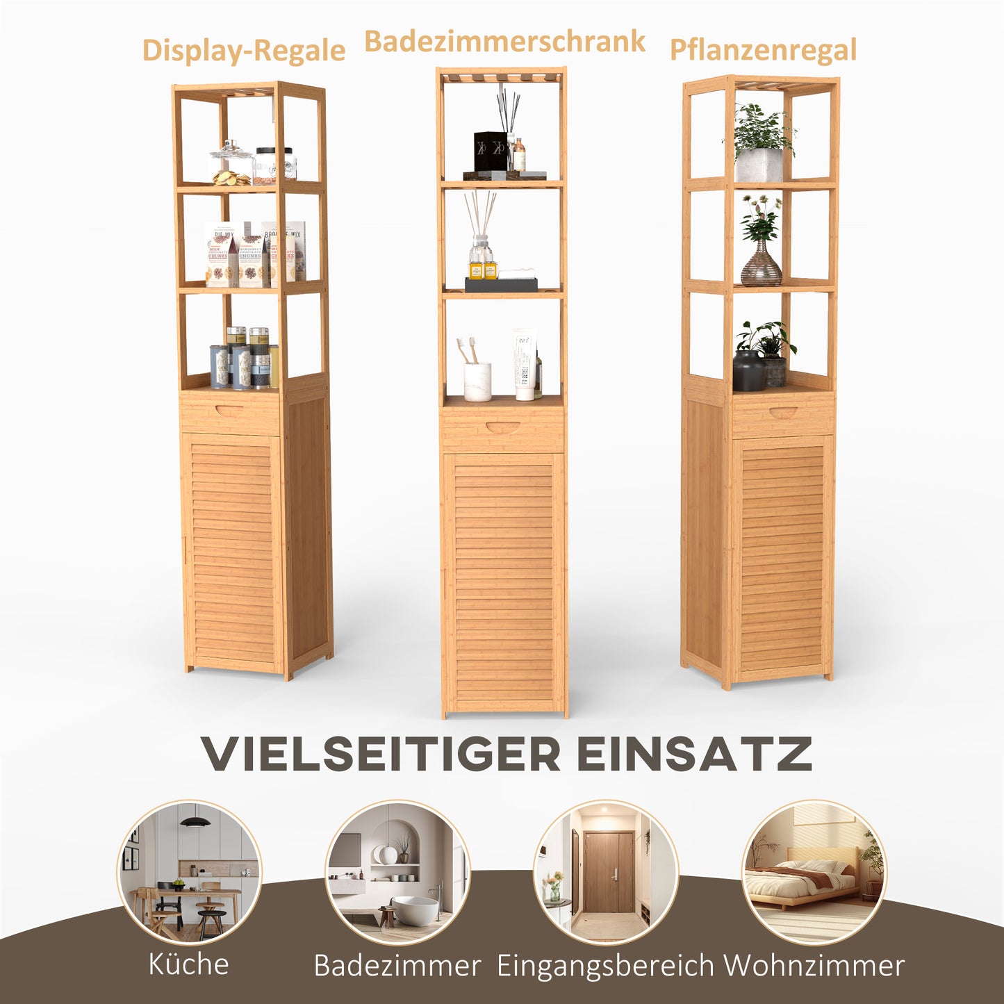 kleankin Badezimmerregal, 3 offene Fächer, Schublade, Lamellentür, Bambus, 32 x 30 x 163 cm