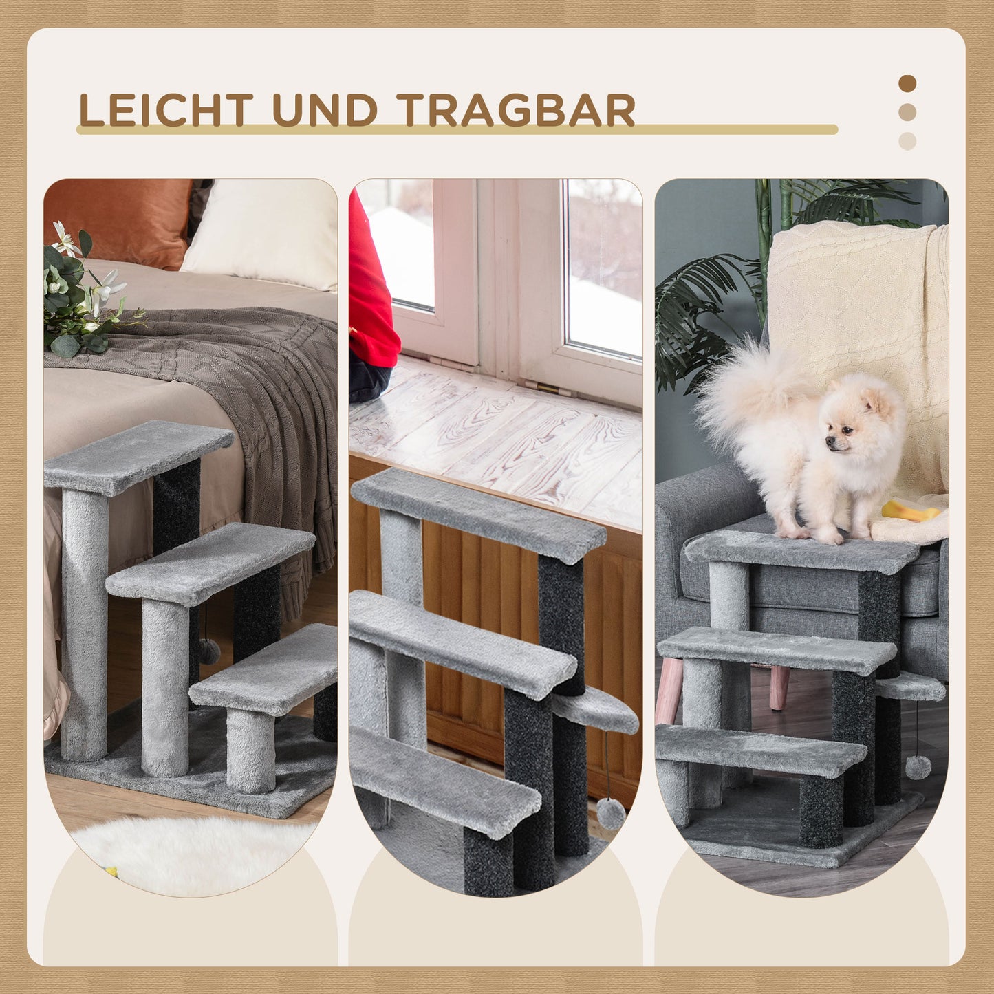 PawHut Katzentreppe 3-Stufige Haustiertreppe mit Kratzsäulen Ball Hundetreppe Tiertreppe for Katzen bis 5 كجم Plüsch Jute Grau 45 × 40 × 48 سم