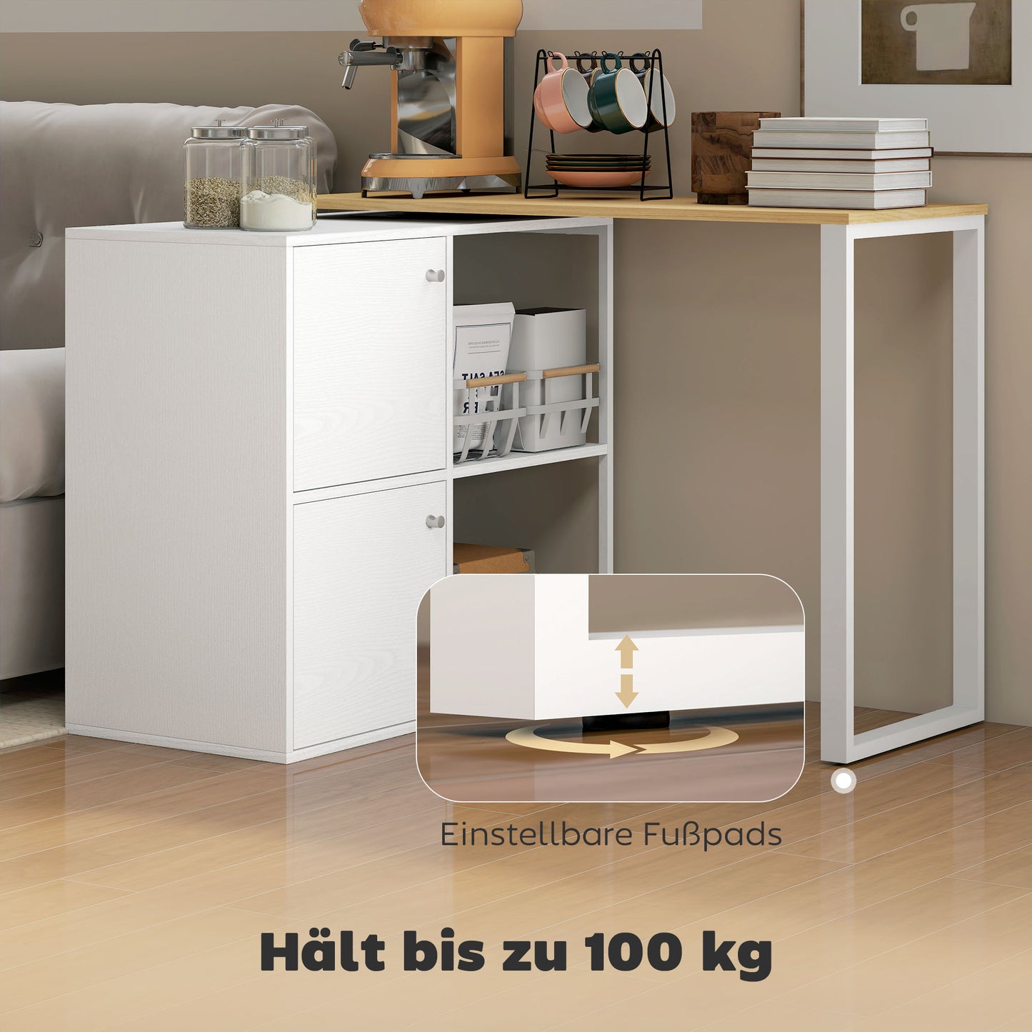 HOMCOM Schreibtisch L-förmig, 360° drehbarer Eckschreibtisch mit 2 Lagerschränken, 2 offenen Regalen, Computertisch für kleine Räume, Arbeitszimmer, Wohnzimmer, 150x40x75 cm, Weiß