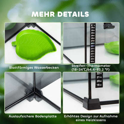 PawHut Reptilienbox Terrarium, inkl. Streifenthermometer, Fütterungsklappen, 50 cm x 30 cm x 25 cm, Glas + Metall, Schwarz