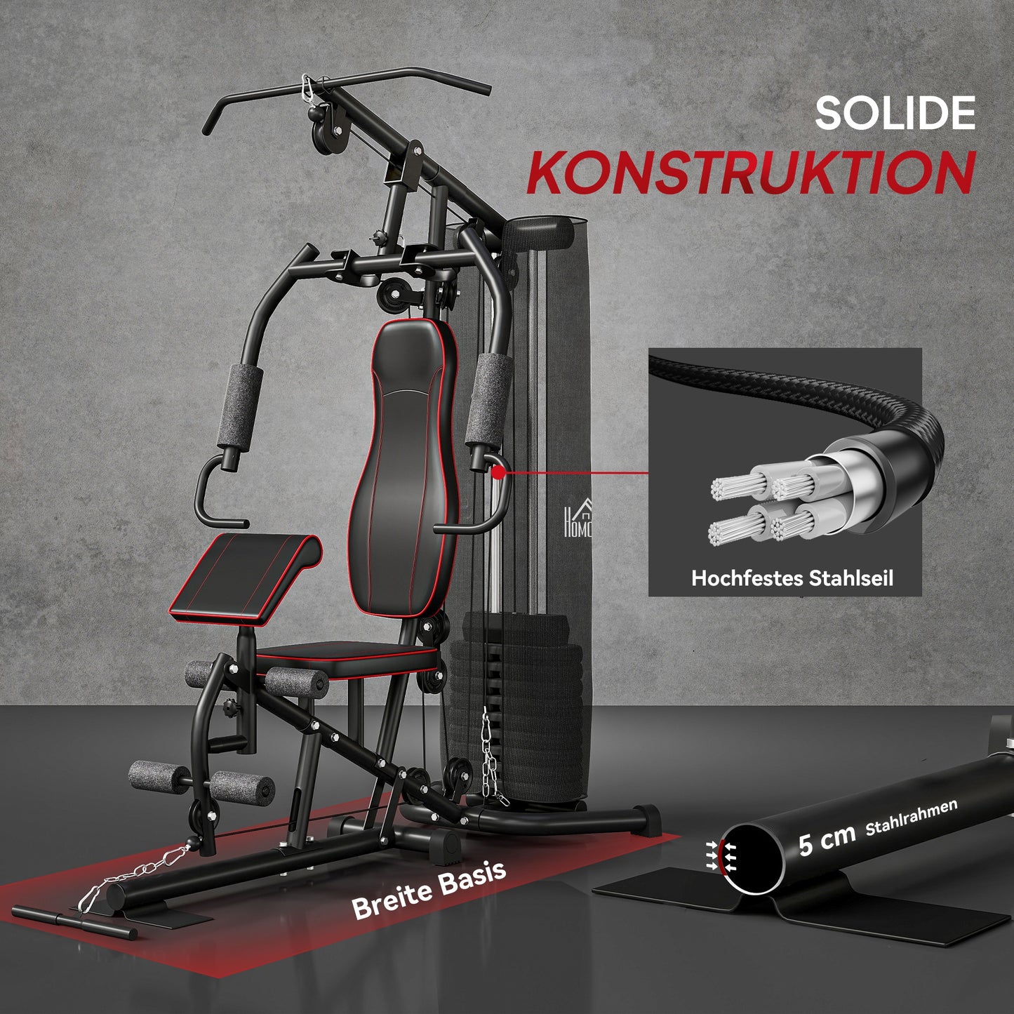 HOMCOM Heimtrainer, Trainingsstation, Hantelbank, Brustpresse, Stahl, 170x104x205 cm, Schwarz