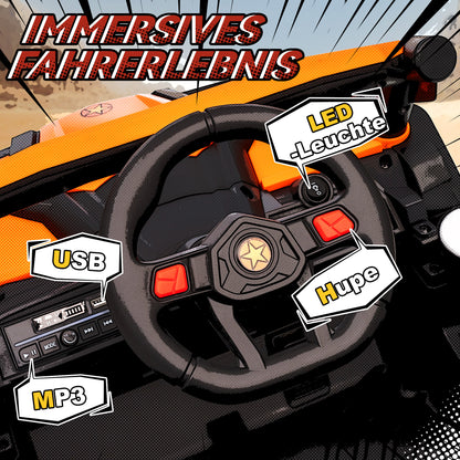 AIYAPLAY 12V Elektroauto für Kinder, Fernbedienungsfunktion, Gurt, Hupe, LED-Lichter, USB-Port, för 3-5 Jahre, Orange