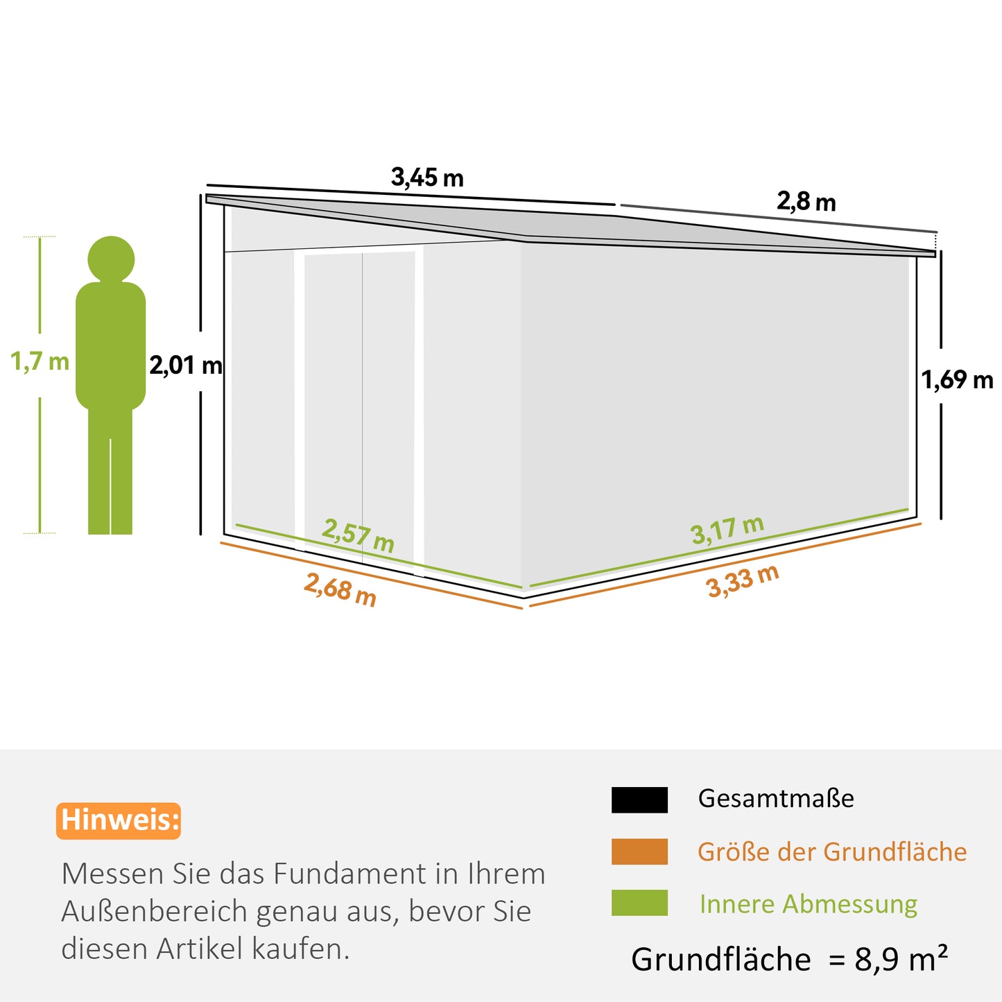 Outsunny Metall-Geräteschuppen Schrägdach verriegelbare Doppeltür 2,8 x 3,45 x 2,01m Grün