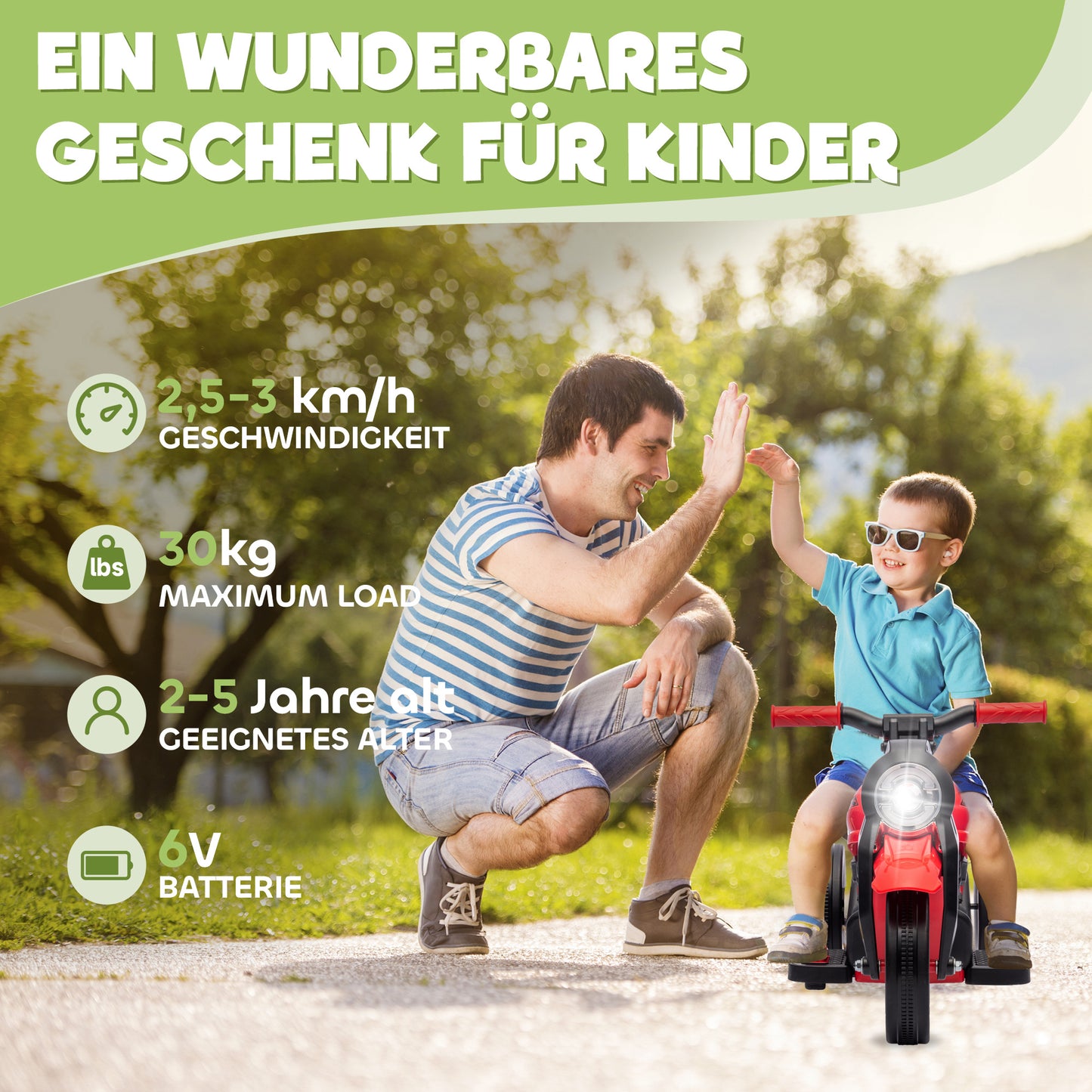 AIYAPLAY Kinder Electric Motorrad, 6V Kindermotorrad mit Musik, Blasen 2,5-3 km/h, for 2-5 Jahre Kinder