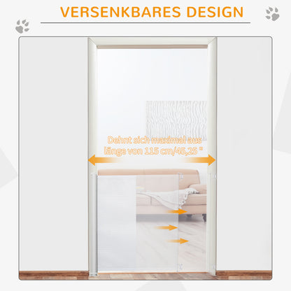 PawHut Treppenschutzgitter 115 cm Hunde Türschutzgitter Treppenschutz Sicherheitstrennwand Trennwand Türschutz ausziehbar treppenschutzrollo Rollo Einrollbar kunststoff Weiß