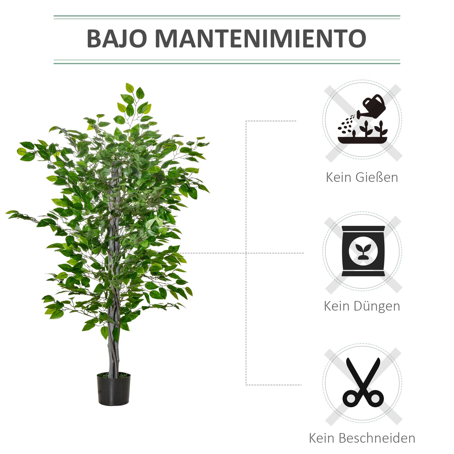 HOMCOM Künstlicher Baum, Ficus-Kunstpflanze, realistisches Aussehen, Zementtopf, 135 cm, pflegeleicht, Kunststoff, Grün