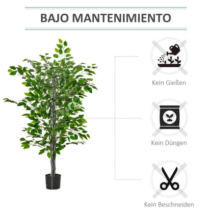 HOMCOM Künstlicher Baum, Ficus-Kunstpflanze, realistisches Aussehen, Zementtopf, 135 cm, pflegeleicht, Kunststoff, Grün