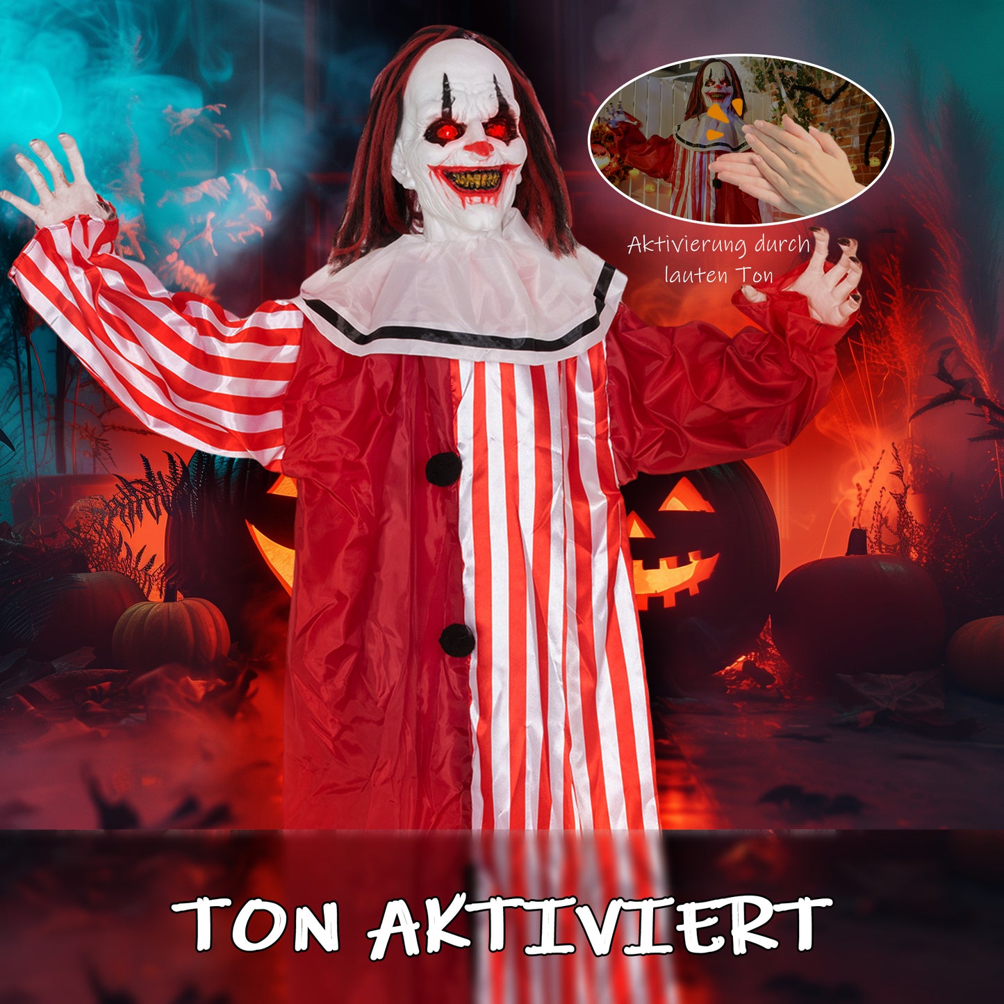 Outsunny 165 cm Halloween Dekoration Halloween Clown mit LED-Lichter, Soundfunktion Körper-Effekt