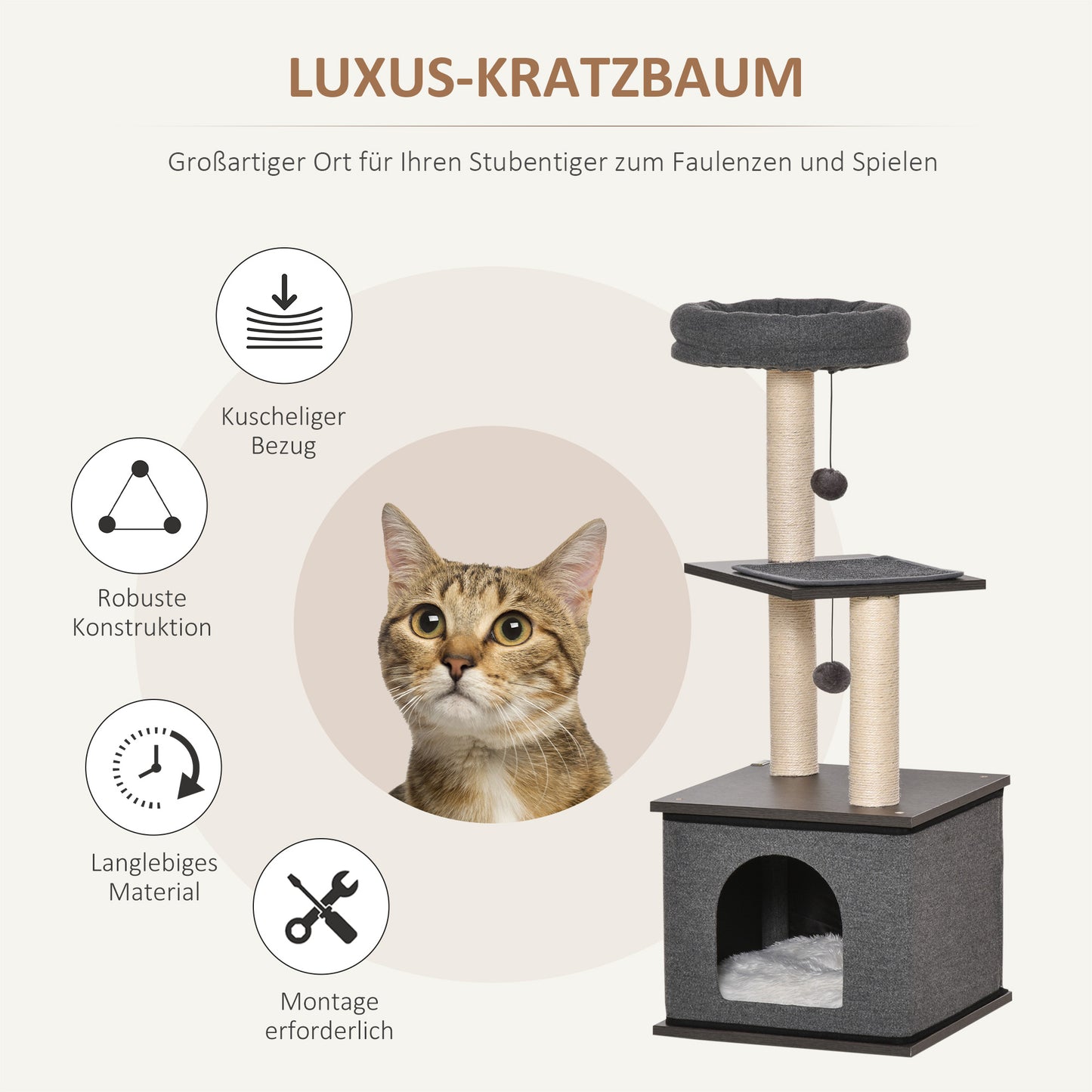 PawHut Katzenkratzbaum Katzenspielzeug Kletterbaum Spielmöglichkeiten Spielsisal Spielseil PB-Platte سيزال Dunkelgrau 40 × 40 × 104 سم