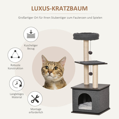 PawHut Katzenkratzbaum Katzenspielzeug Kletterbaum Spielmöglichkeiten Spielsisal Spielseil PB-Platte سيزال Dunkelgrau 40 × 40 × 104 سم
