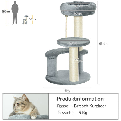 PawHut Katzenbaum Kletterbaum mit Hängematte, 3-Stufiger Spielbaum mit Katzenbett Katzenkratzbaum mit Sitzplattform, Sisalsäulen, Grau Ø40 x H65 cm