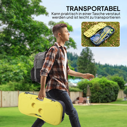 HOMCOM Badminton Netz mit Stand, Badminton-Netzständer, tragbarer Netzständer, Badmintonnetz mit 4 Badminton-Schlägern, Outdoor-Sport, Gelb+Blau, 286 x 33 x 157 cm