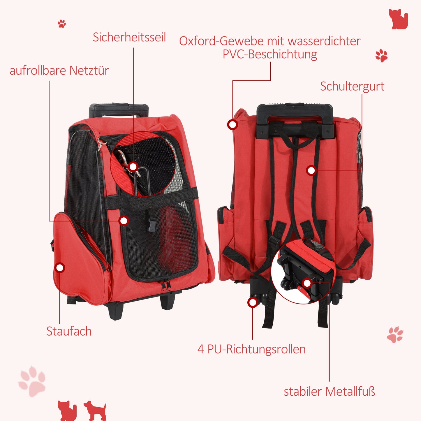 Pawhut Hundetransporttasche, Haustierrucksack, 2-in-1-Design, ausziehbarer Griff, Seitentaschen, Rot, 42 x 25 x 55cm