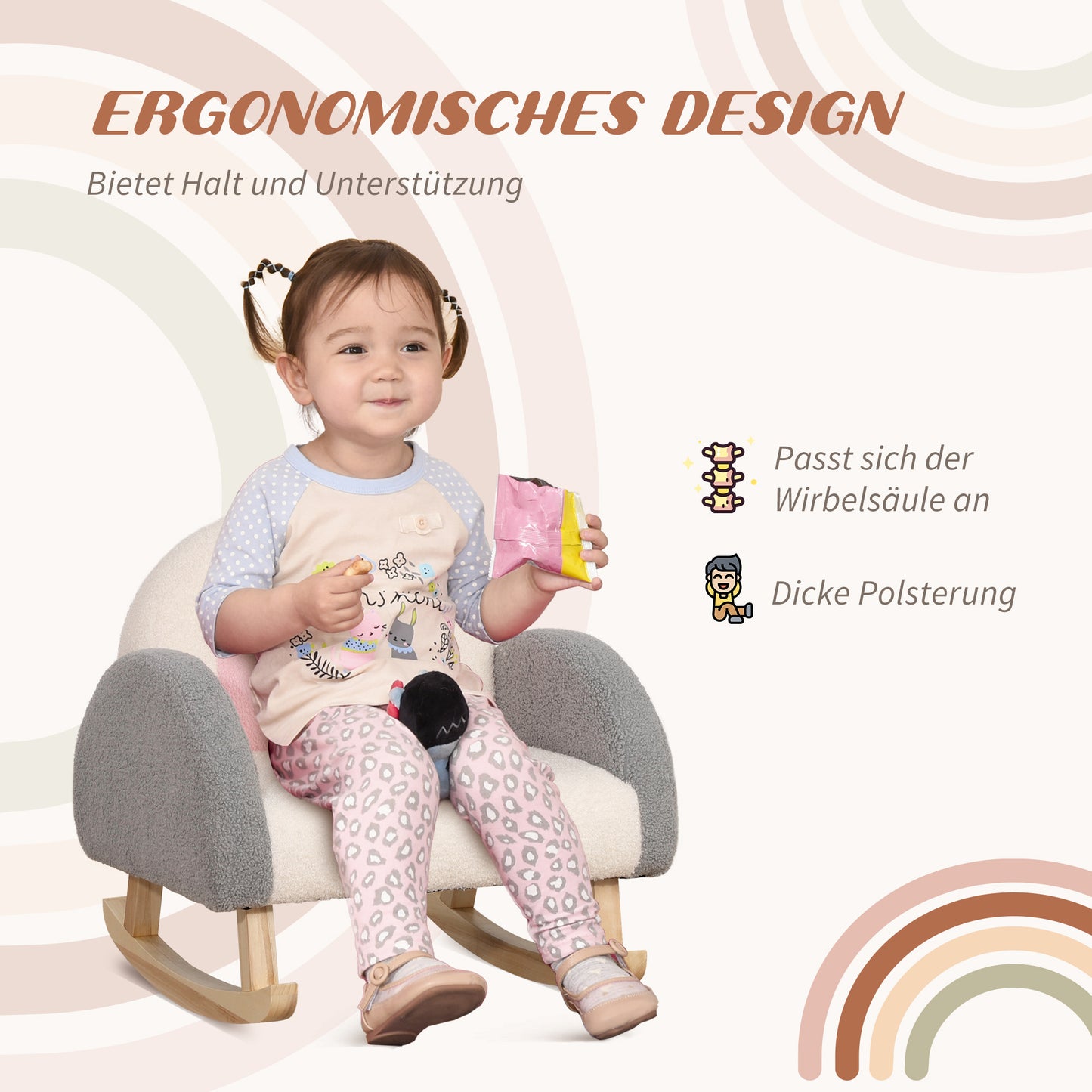 HOMCOM Schaukelstuhl für Kleinkinder, niedliches Design, Schaffell-Imitat, Eukalyptusholz, 50 x 45 x 44cm, grau+rosa+creme