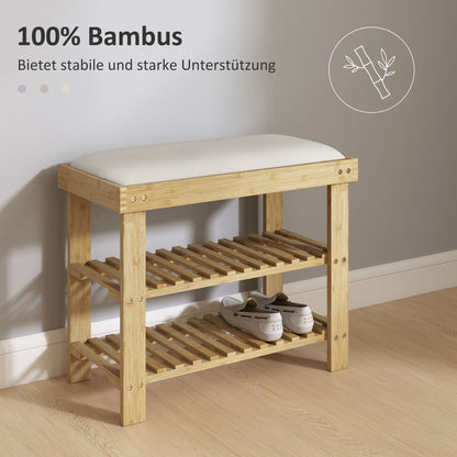 HOMCOM Schuhbank mit Sitzfläche, Bambus Sitzbank mit Stauraum, 2 offene Fächer, Sitzbank 60 x 29 x 49 cm Cremeweiß