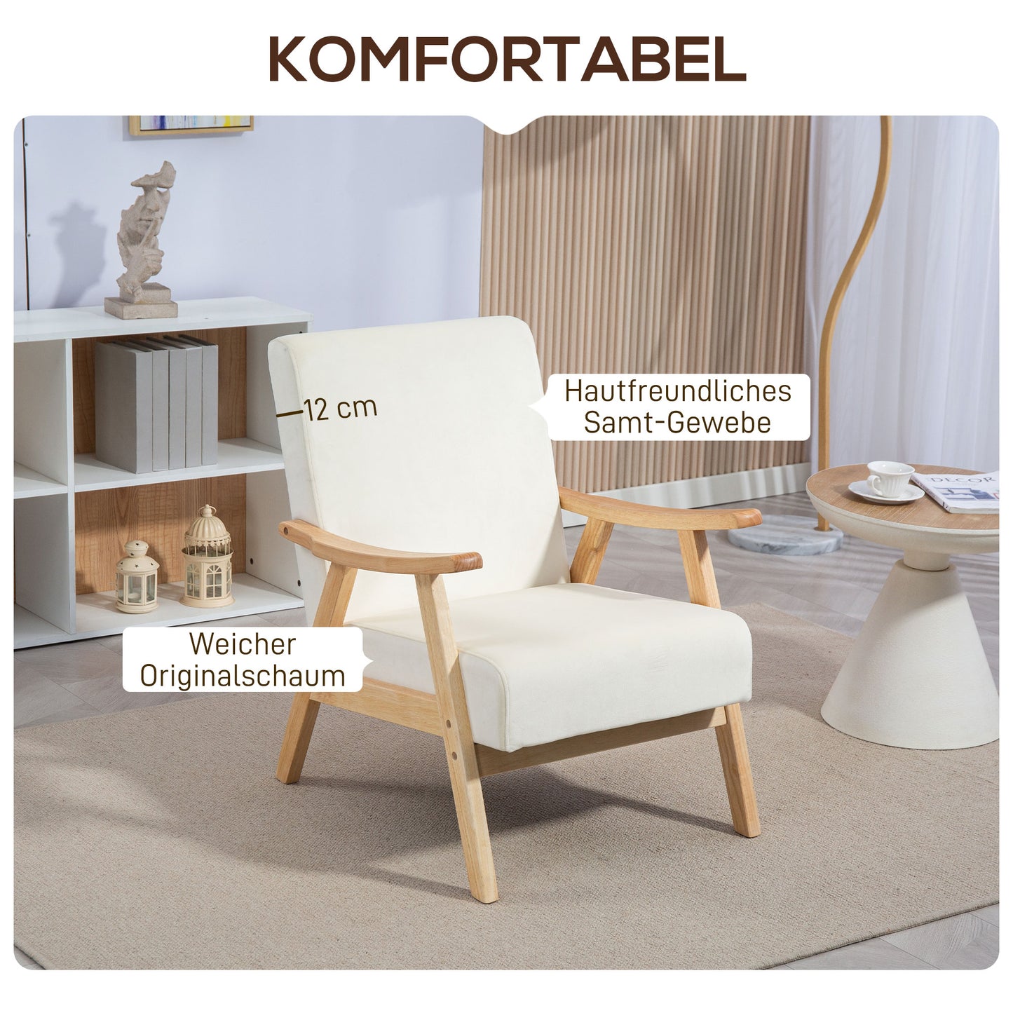HOMCOM Polstersessel, Schaumstoff-Füllung, Kautschukholz-Rahmen, Cremeweiß
