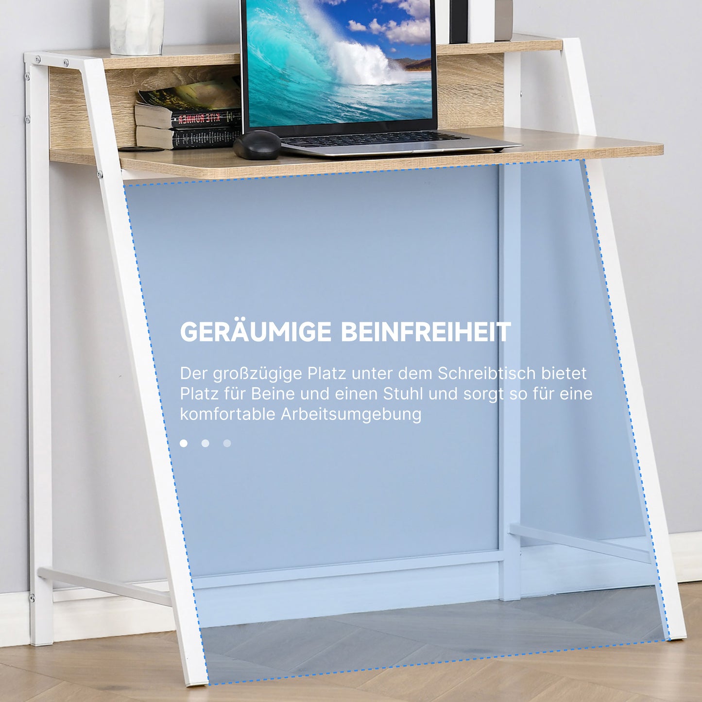 HOMCOM Schreibtisch, Computertisch mit Ablage und Kabel Management, moderner Schreibtisch mit Metallgestell für Arbeitszimmer, Schlafzimmer, Home Office, 84 x 45 x 85 cm, Weiß+Eiche