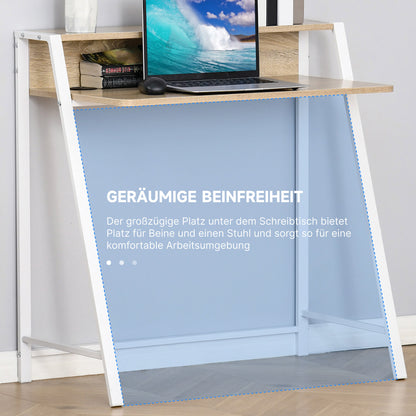 HOMCOM Schreibtisch, Computertisch mit Ablage und Kabel Management, moderner Schreibtisch mit Metallgestell für Arbeitszimmer, Schlafzimmer, Home Office, 84 x 45 x 85 cm, Weiß+Eiche