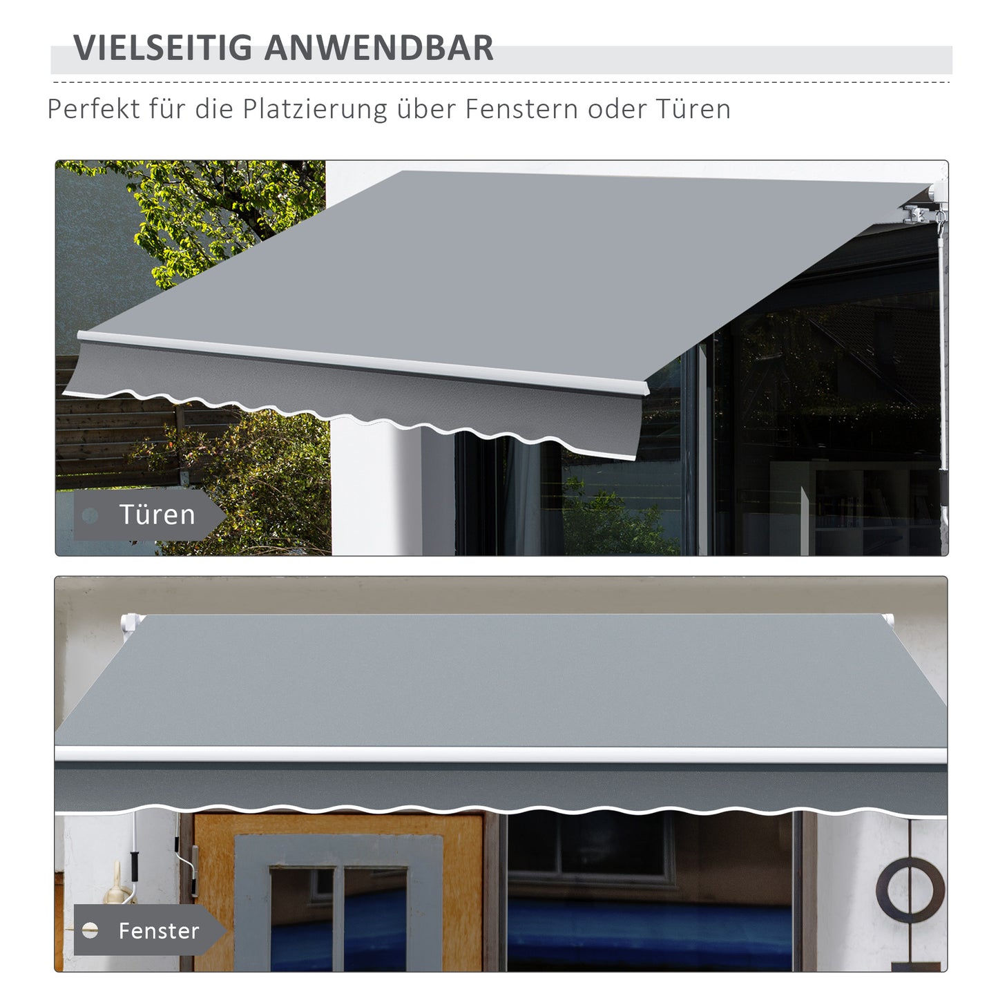 Outsunny Markise, 3,95 x 2,45 m, Sonnenschutz, einfahrbar, mit Handkurbel, Metallrahmen, Polyester, Grau/Weiß