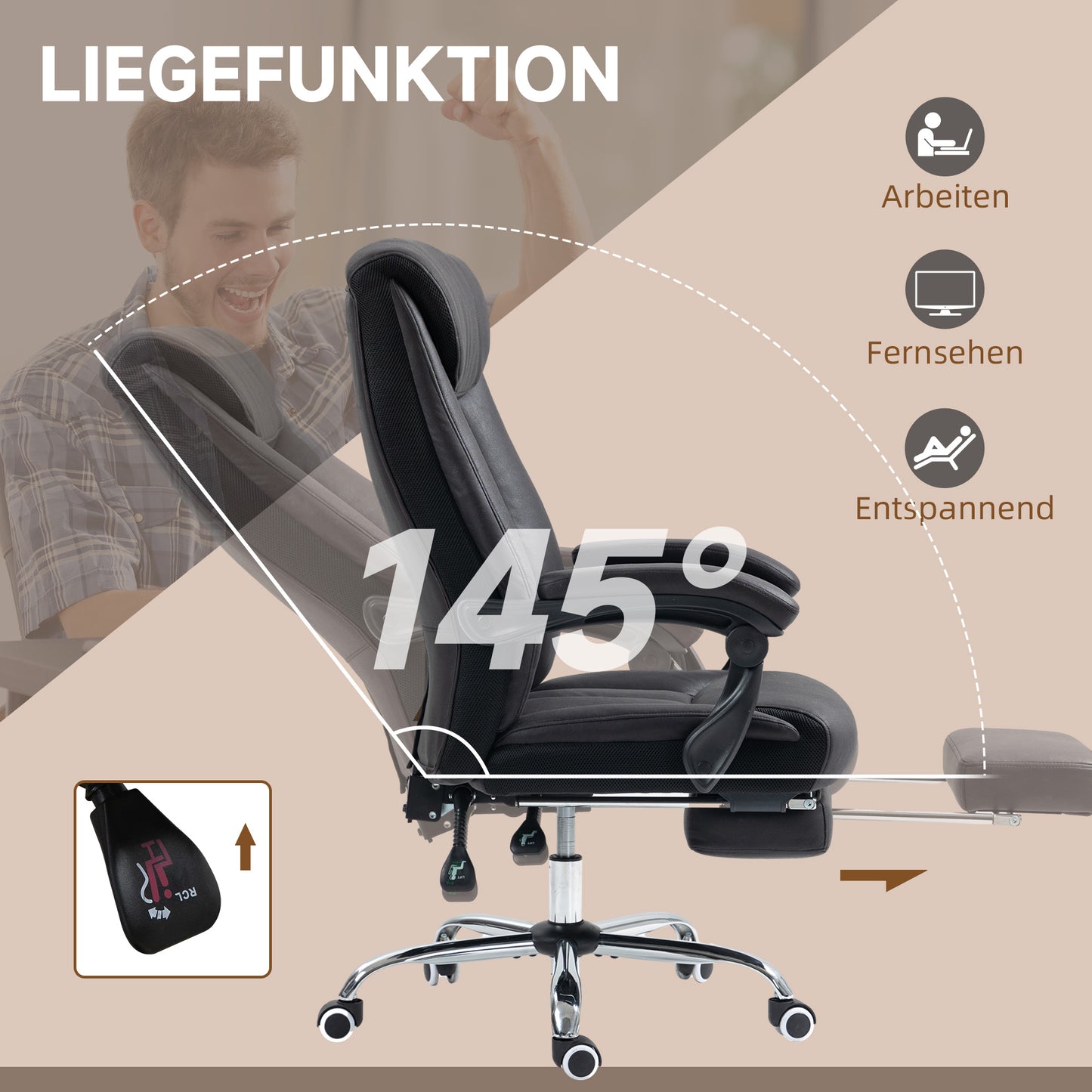 HOMCOM Bürostuhl Schreibtischstuhl Chefsessel, mit Fußstütze, höhenverstellbar, 145° Neigungswinkel, 66 x 70 x 119 cm, Schwarz
