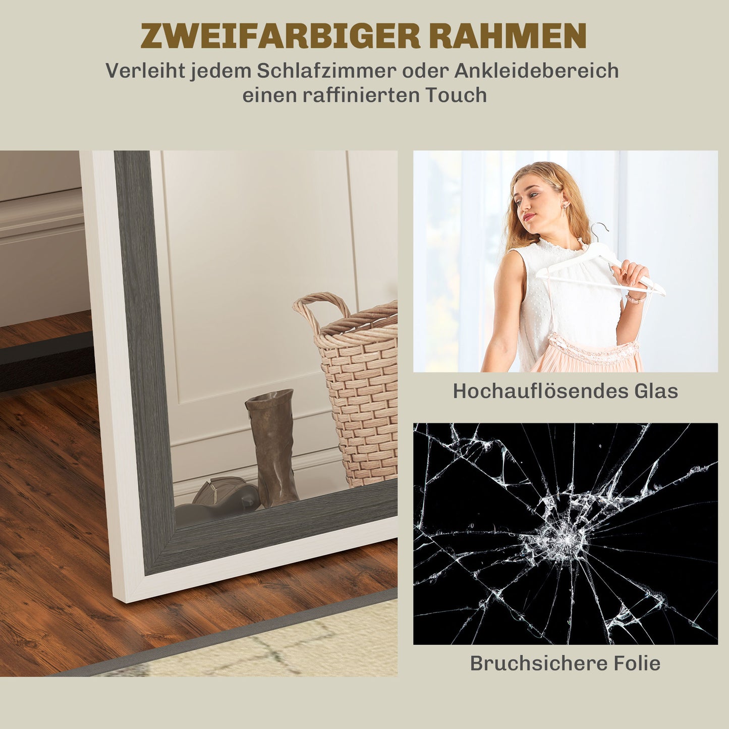 HOMCOM Ganzkörperspiegel, MDF-Rahmen, splitterfreie Folie, 162,6 x 53,3 cm, Grau