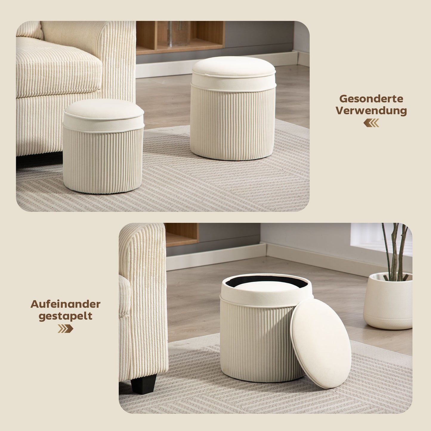 HOMCOM 2er Set Sitzhocker mit Stauraum Hocker mit Deckel, Runder Fußhocker mit Samtoptik 36 x 36 x 41,5 cm Cremeweiß