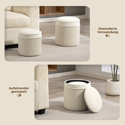 HOMCOM 2er Set Sitzhocker mit Stauraum Hocker mit Deckel, Runder Fußhocker mit Samtoptik 36 x 36 x 41,5 cm Cremeweiß