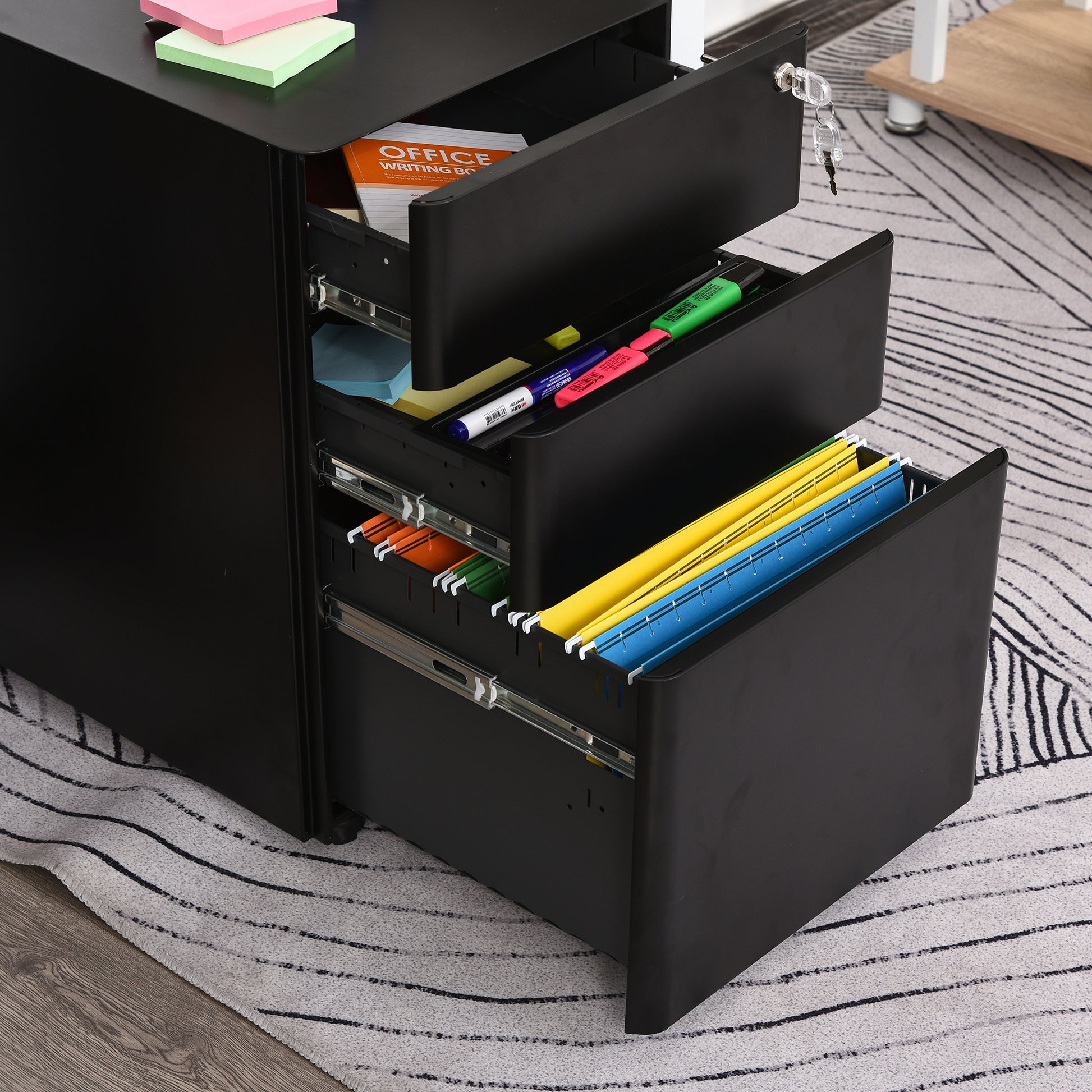 Vinsetto Rollcontainer mit 3 Schubladen mobiler Aktenschrank mit Rollen abschließbar Büroschrank mit Hängeregistratur Stiftfach, Bürocontainer für Büro, Homeoffice, 39 x 48 x 59 cm Schwarz