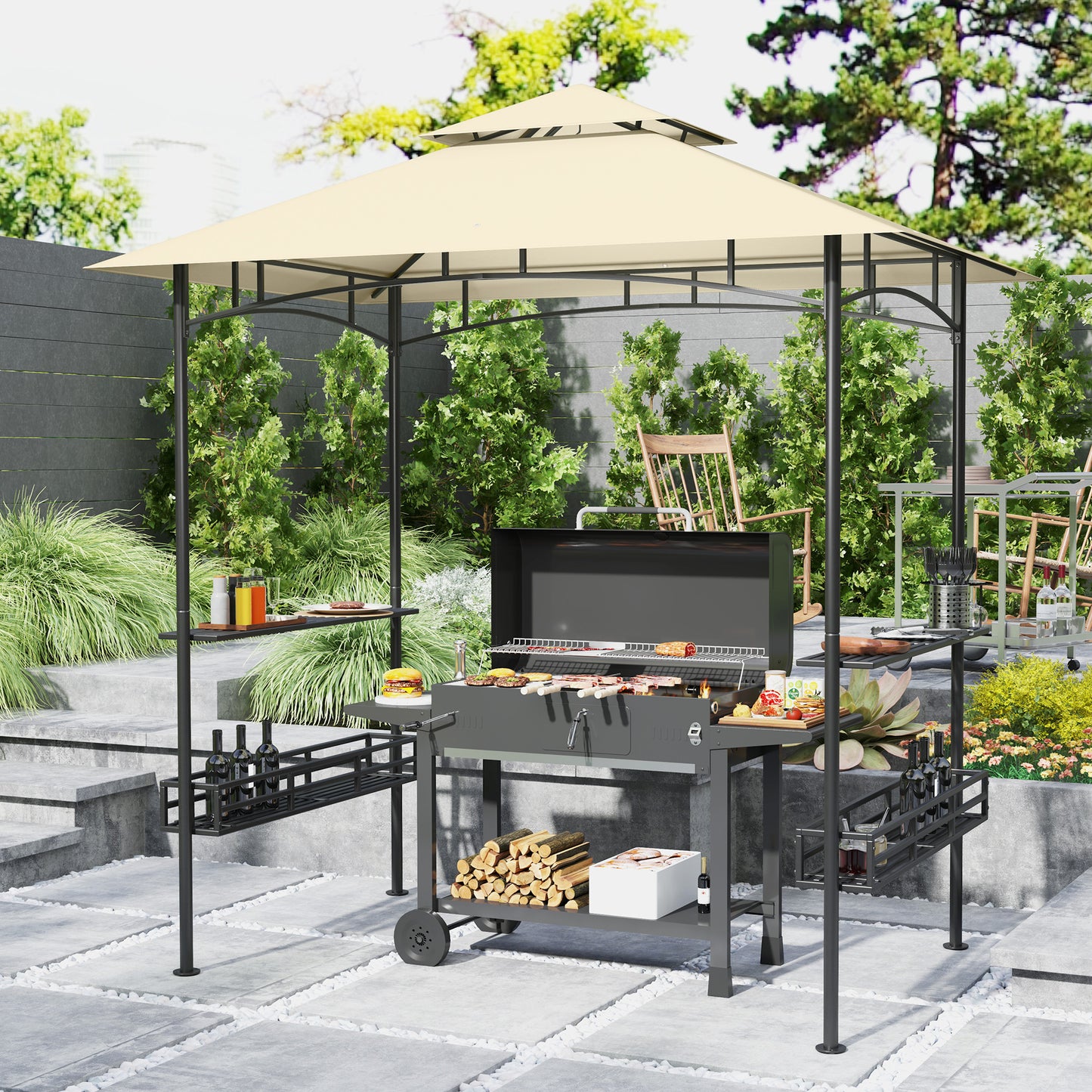 Outsunny Grill-Zelt, BBQ-Zelt, Gartenpavillon mit 2 Regalen, Aufbewahrungskörbe, Haken, für Terrasse, Beige