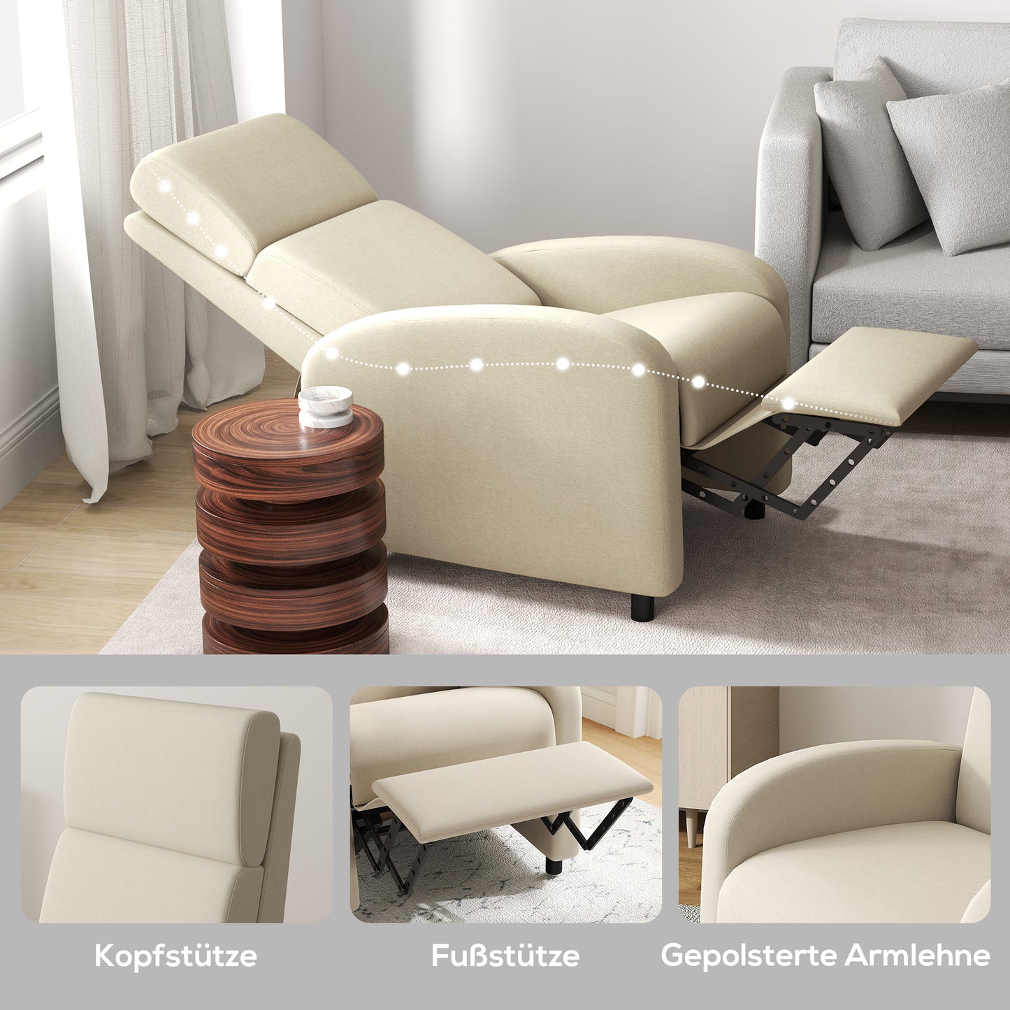 HOMCOM Relaxsessel Fernsehsessel, ausklappbare Fußstütze, neigbar bis zu 160°, 64 x 86 x 102 cm, Creme