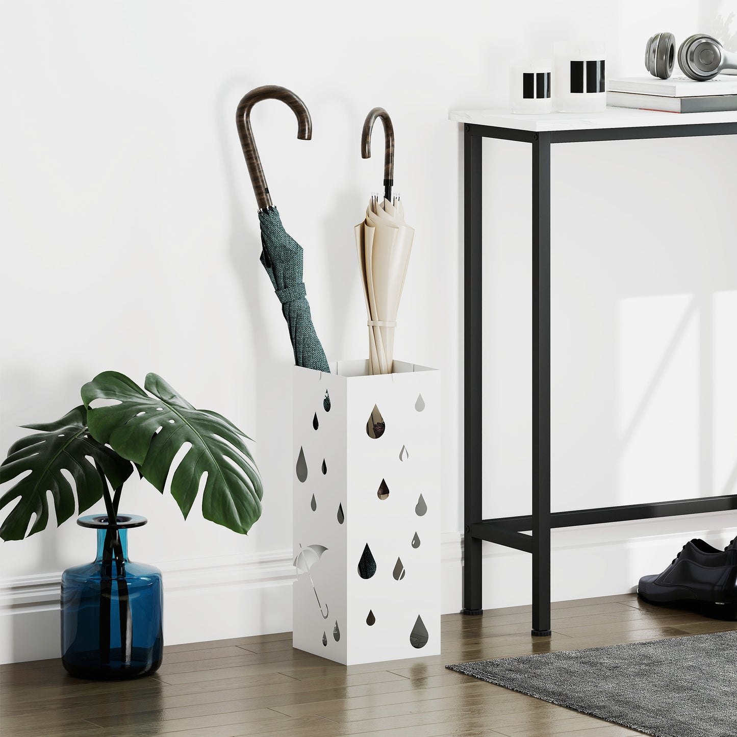 HOMCOM Schirmständer, 4 Haken, Tropfschale, Stahl, Weiß