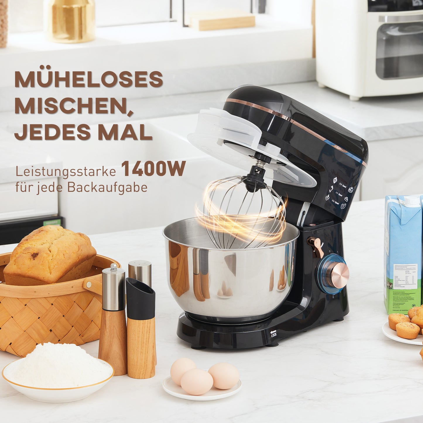 HOMCOM Standmixer, Küchenmaschine, Rührgerät, 6 Stufen, 5,5L Edelstahlschüssel, Schwarz