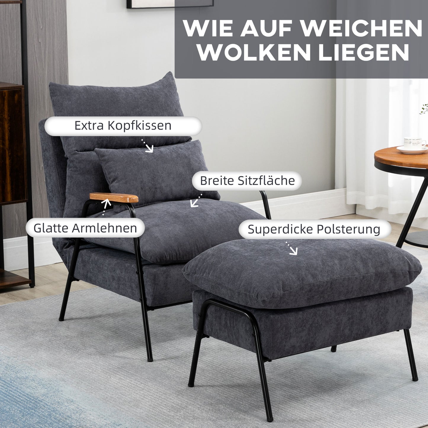 HOMCOM Sessel mit Ottomane, inkl. Kissen, 68 cm x 91,5 cm x 88 cm, Grau