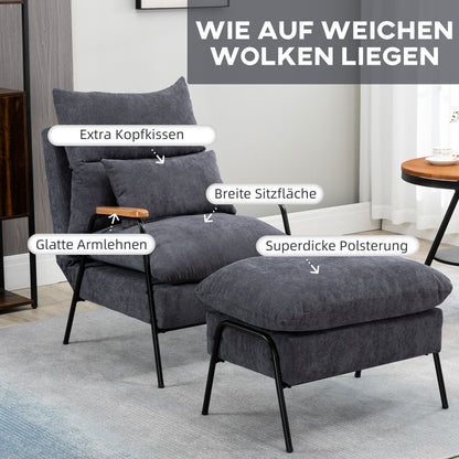 HOMCOM Sessel mit Ottomane, inkl. Kissen, 68 cm x 91,5 cm x 88 cm, Grau
