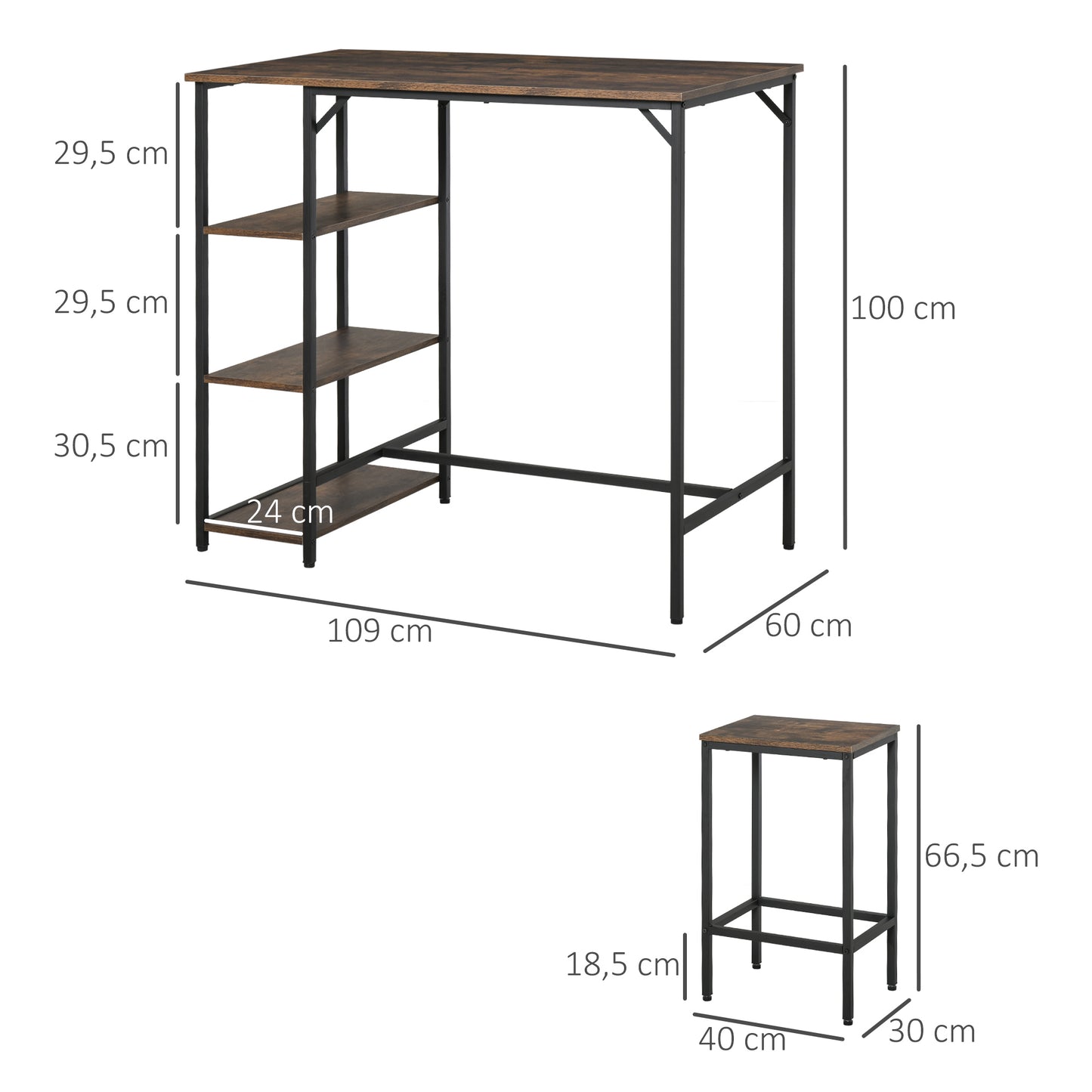 HOMCOM Bartisch-Set Stehtisch mit 2 Barhockern Essgruppe 3-teiliges Tischset Küchentresen mit Regale Spanplatte Stahl Rustikales Braun+Schwarz 109 x 60 x 100 cm