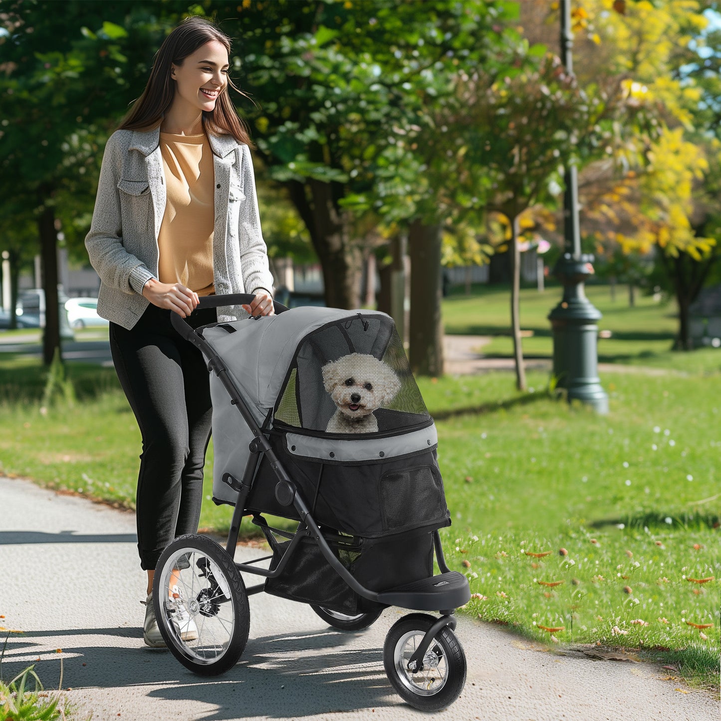 PawHut Hundebuggy, Haustierwagen für kleine Hunde und Katzen, mit Aufbewahrungskorb, Ein-Klick-Faltdesign, Grau