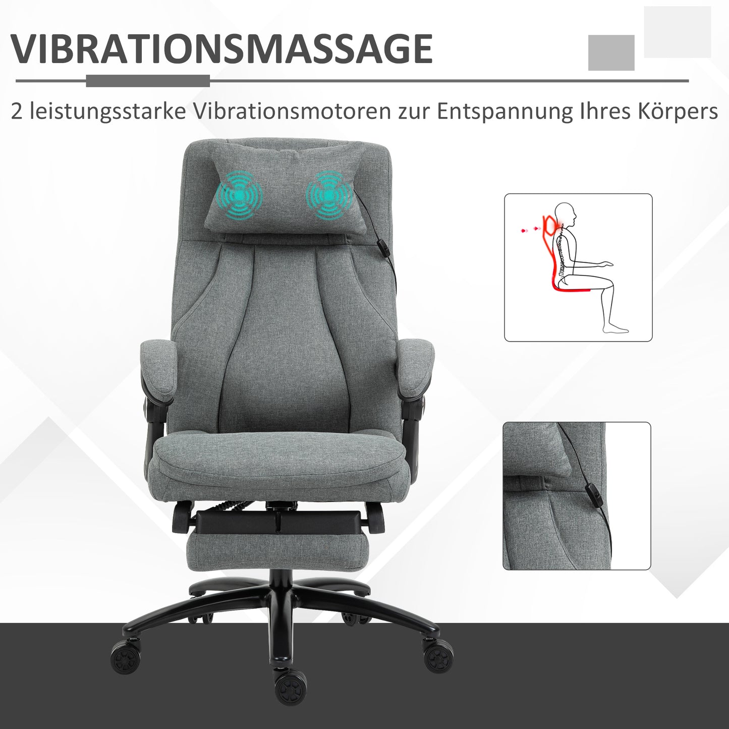 Vinsetto Bürostuhl massage, höhenverstellbarer Chefsessel, Gamingstuhl mit Fußstütze Massagefunktion, ergonomischer Drehstuhl, Massage Sessel, Leinen-Gefühl, Grau, 64 x 74 x 109-117 cm