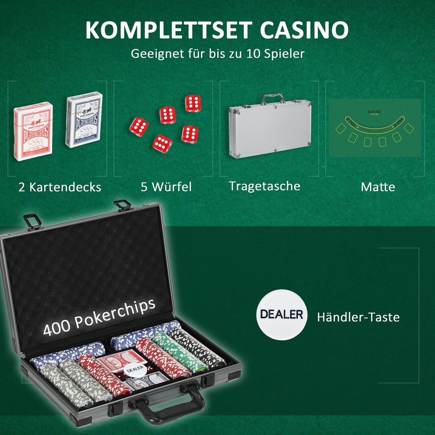 SPORTNOW Poker-Set, Pokerkoffer, 400 Chips, 2 Kartendecks, 5 Würfel, Dealer-Scheibe, Unterlage