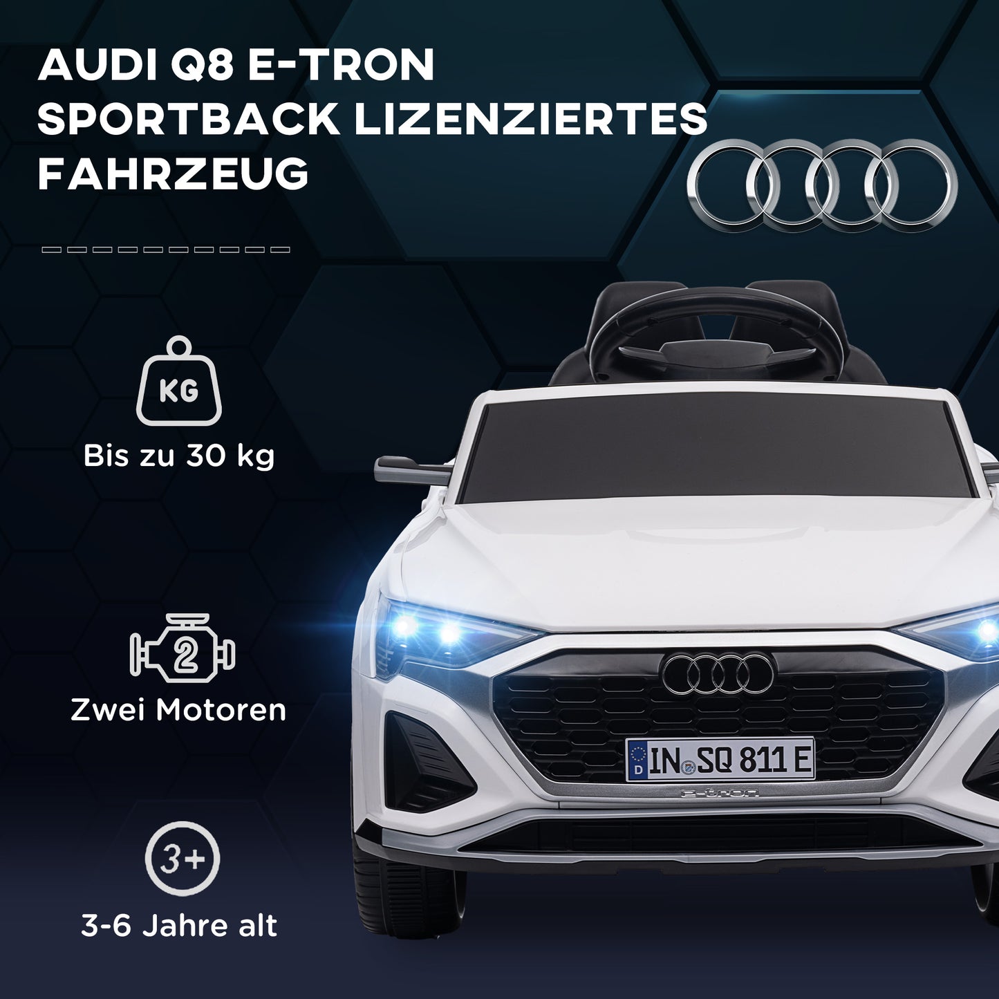 AIYAPLAY Elektro-Kinderauto, 12V Audi Q8, 3-5 km/h, Fernsteuerung, Scheinwerfer, Musik, Weiß