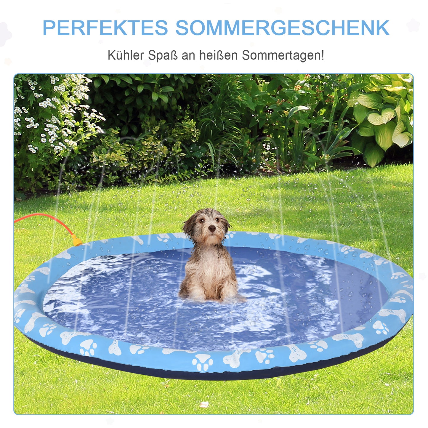 PawHut Hundepool, Planschbecken, mit Wasserdüse, rund, rutschfest, blau, Ø150 cm