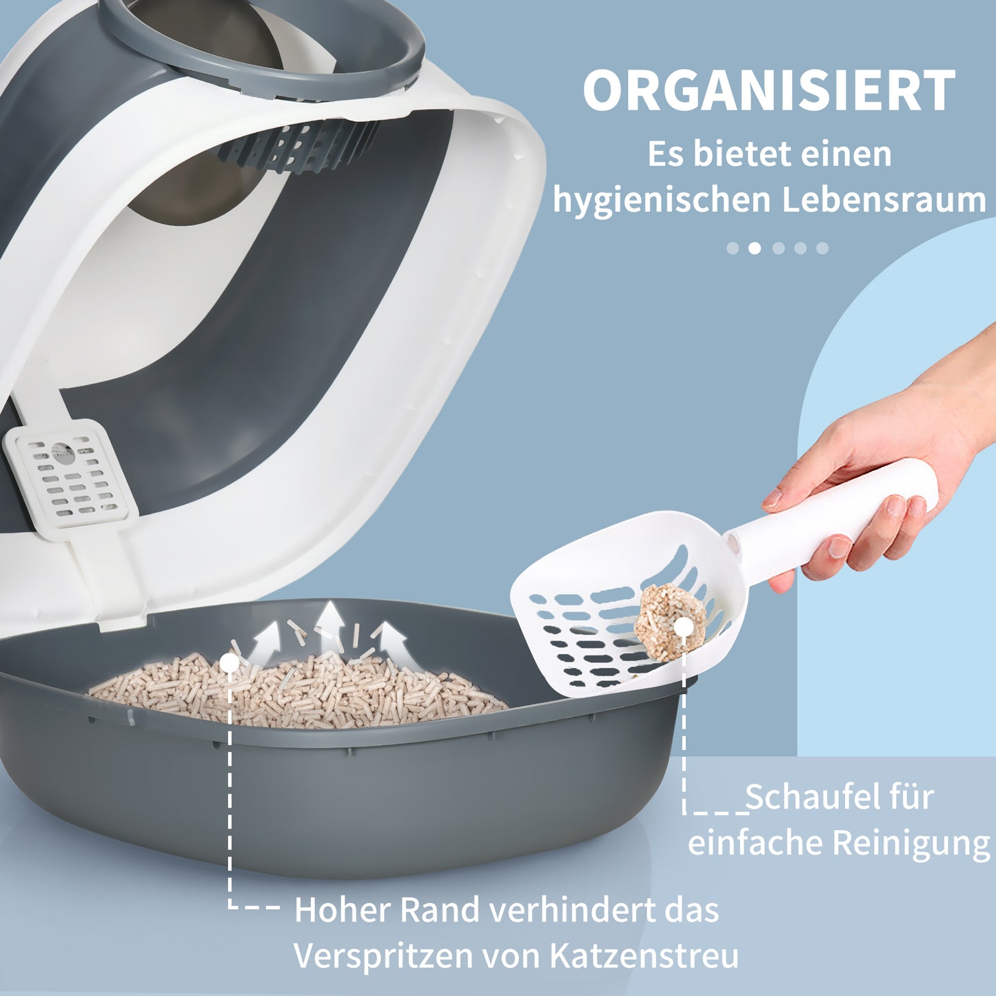 PawHut Katzentoilette, mit Streuschaufel, Eingang mit Bodengitter, abnehmbarer Deckel, weiß+grau, 52 x 41 x 38 cm