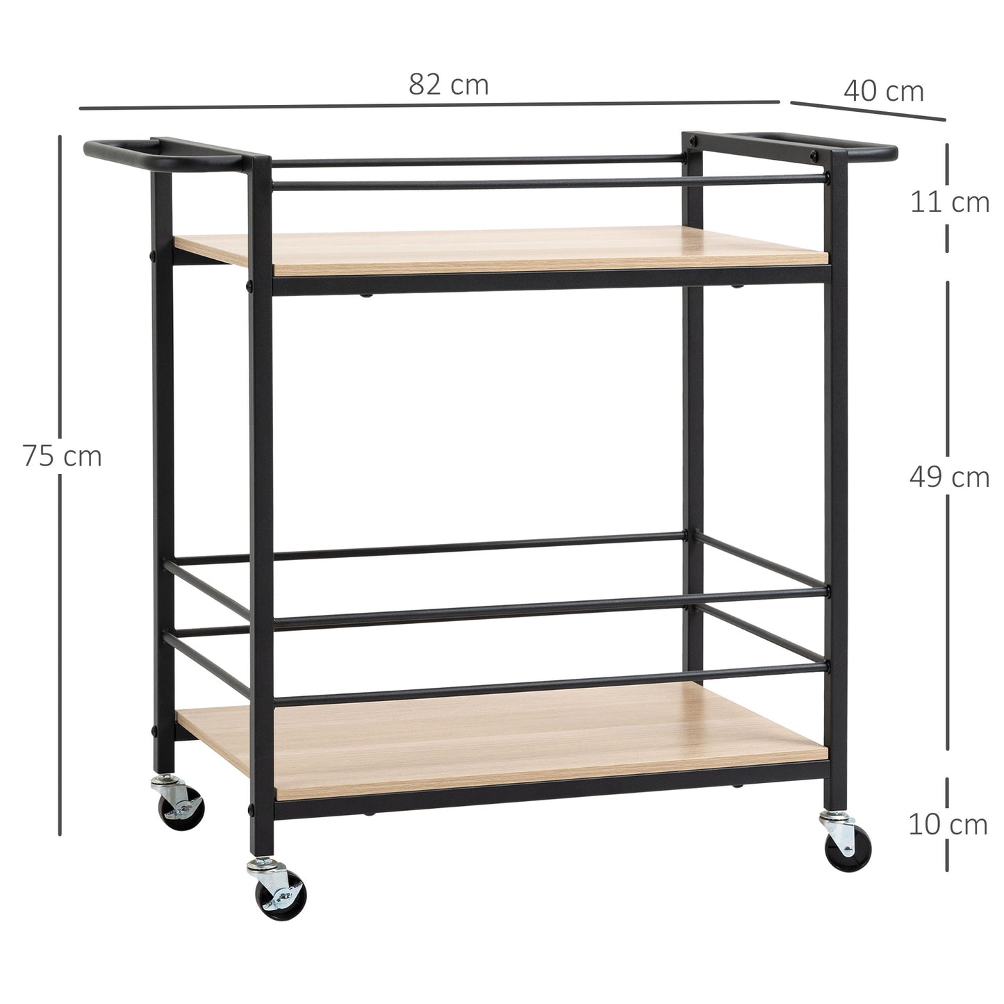 HOMCOM Küchenwagen Servierwagen mit 2 Ablagen, Reling, Stahl, Schwarz+Holz 82 x 40 x 75cm