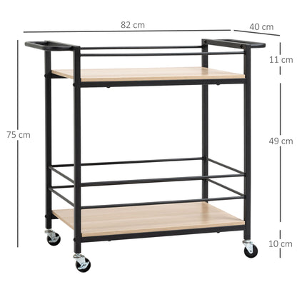 HOMCOM Küchenwagen Servierwagen mit 2 Ablagen, Reling, Stahl, Schwarz+Holz 82 x 40 x 75cm