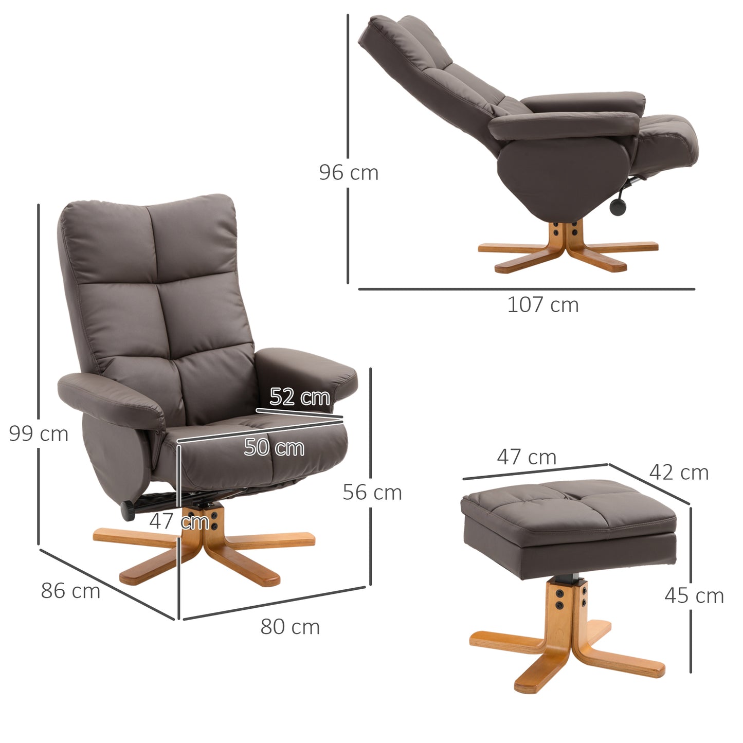 HOMCOM Relaxsessel mit Hocker, 360°drehbarer Fernsehsessel mit Liegefunktion Lesesessel für Schlafzimmer, Wohnzimmer, Kunstleder, Braun