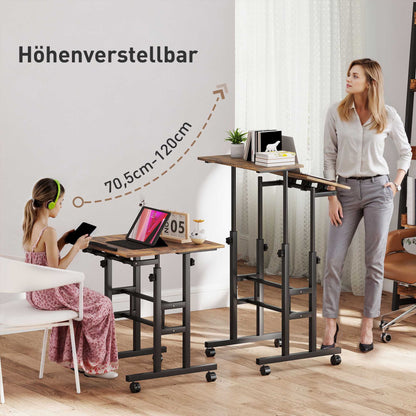 HOMCOM chreibtisch Höhenverstellbar Küchentisch mit Regal, Rollen, Computertisch Rustikal Braun 60 x 60 x 70,5-120 cm