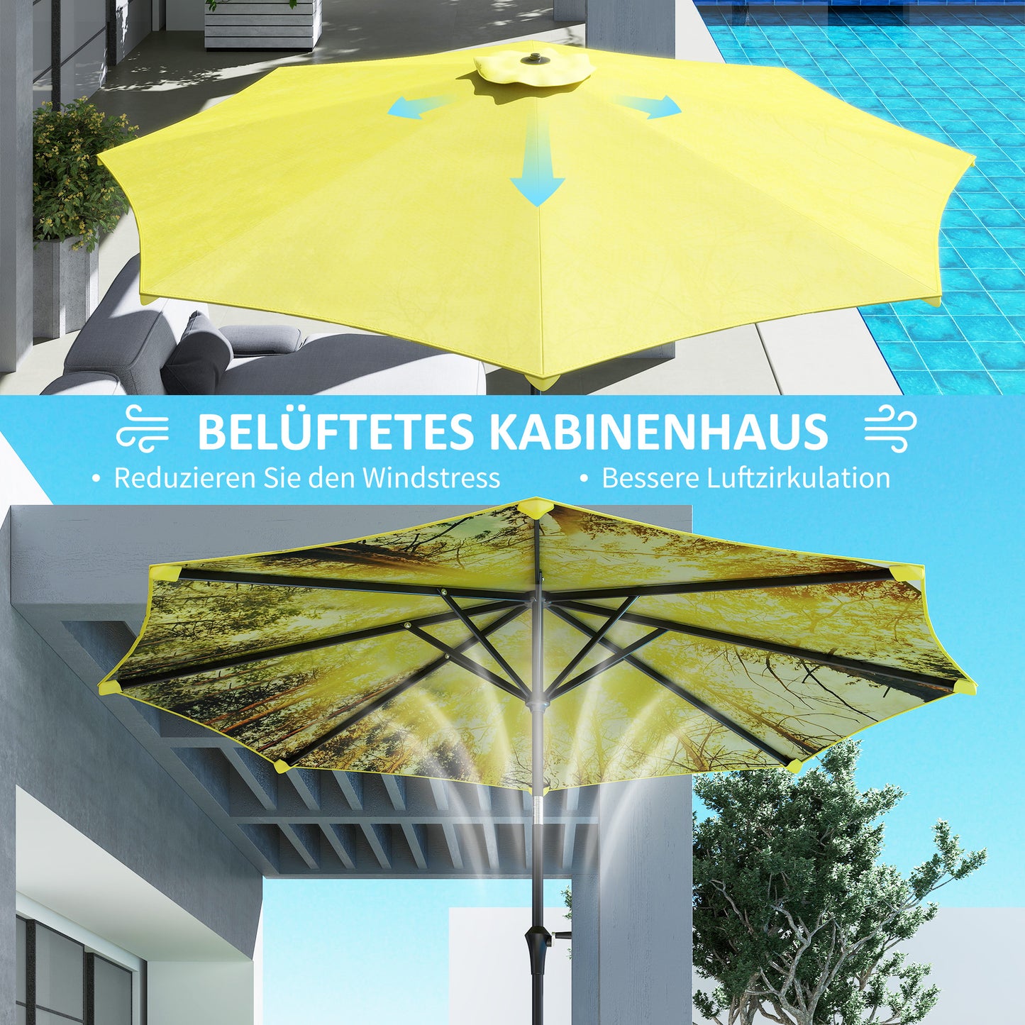 Outsunny Sonnenschirm Ø300 cm, Sonnenschirm mit Handkurbel, achteckig Balkonschirm Gelb