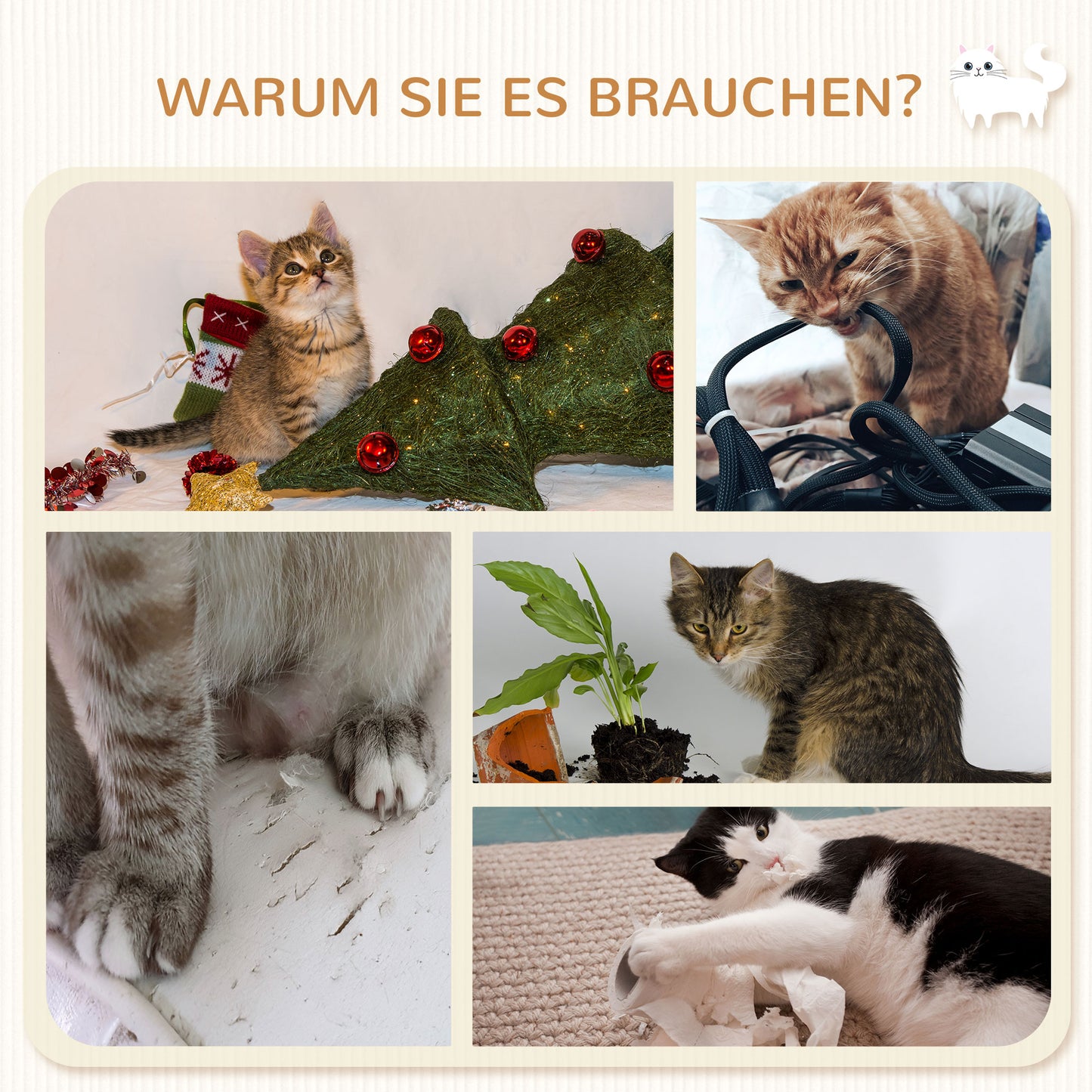PawHut Katzentreppe, 5-teiliges Set, 2 Kratzstämme, 2 Plattformen mit Plüschbezug, Hängematte, beige